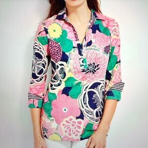Talbots Women XL Cotton Popover Tunic Top‎ Bold Multicolor Floral Resort Preppy